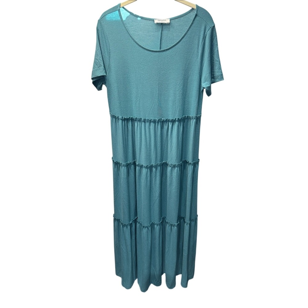 Zenana Womens Teal Blue Tiered Ruffle Lettuce Edge Short Sleeve Maxi Dress Large